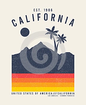 California t-shirt design with palm trees and mountains. Typography graphics for tee shirt with grunge. Vintage apparel print.